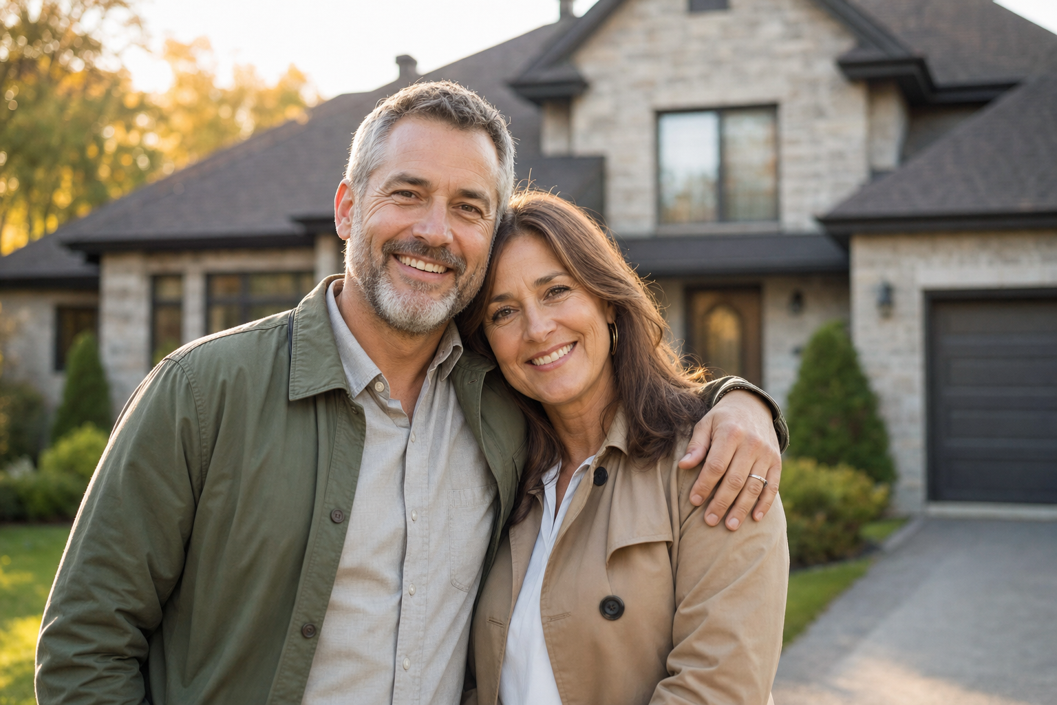 Vendeurs satisfaits devant leur propriété